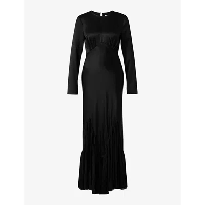 Malina Womens Jenina Round-neck Long-sleeve Pleated Satin Maxi Dress Black