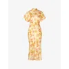 Malina Womens Lemon Peony Alivia Short-sleeve Satin Midi Dress In Lemon Peony