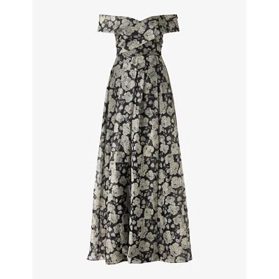 Malina Womens Lovelia Graphic-print Off-shoulder Organza Maxi Dres Peony