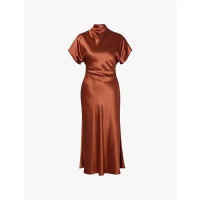 Malina Womens Rust Alivia Short-sleeve Satin Maxi Dress In Brown