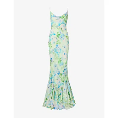 Malina Womens Pastel Pistachio Amaia Floral-print Silk Maxi Dress In Green