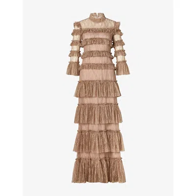 Malina Womens Greige Carmine Frilled Lace Maxi Dress Xs In Brown