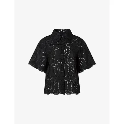 Malina Womens Black Claudia Short-sleeve Lace Cotton-blend Shirt