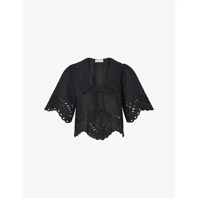Malina Womens Black Estela Broderie-anglais Linen-blend Blouse