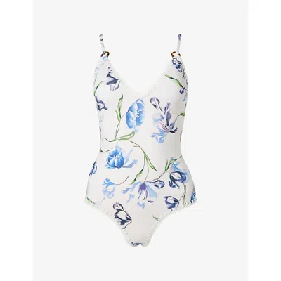 Malina Womens Tulip Blue Nila Floral-print Crochet-trim Swimsuit Xl In White