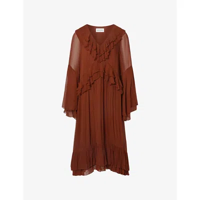 Malina Womens Rust Wilhelmina Ruffled Chiffon Woven Midi Dress In Brown