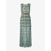 Malina Womens  Raquel Graphic-print Ruched-panel Sleeveless Silk Maxi Dress