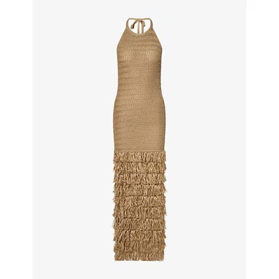 Malina Womens Sand Elissa Halterneck Fringed Woven Maxi Dress In Multi