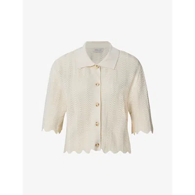 Malina Womens Vanilla Marina Scalloped-hem Cropped Knitted Cardigan