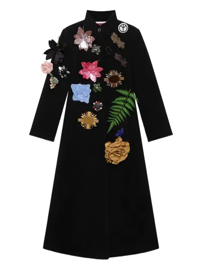 Maliparmi Floral-embellished Wool Coat In Black