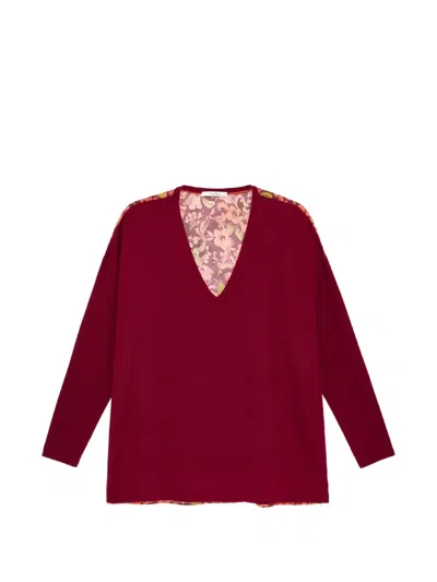 Maliparmi Floral-panel V-neck Sweater In Burgundy