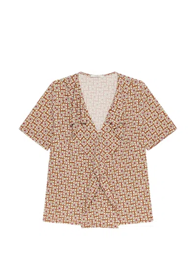 Maliparmi Mouliné Ruffled Geometric V-neck Top In Brown