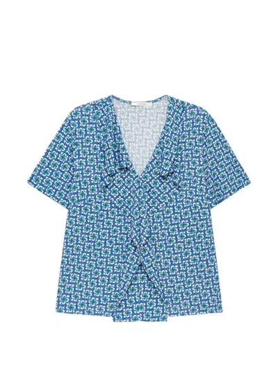 Maliparmi Ruffled Geometric V-neck Top In Blue