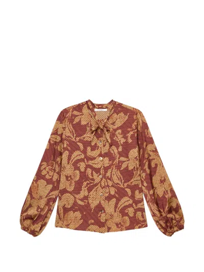 Maliparmi Sweet Foliage Tie-neck Shirt In Brown
