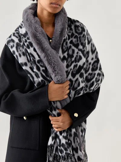 Malissa J Leopard Scarf With Faux Fur Trim Grey