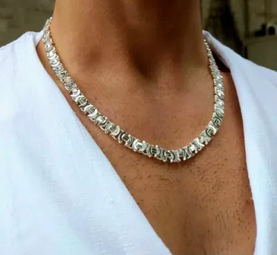 Pre-owned Mallofistanbul Mens Silver Flat Byzantine Chain Necklaces Solid 925 Sterling 8mm 64gr 22inch