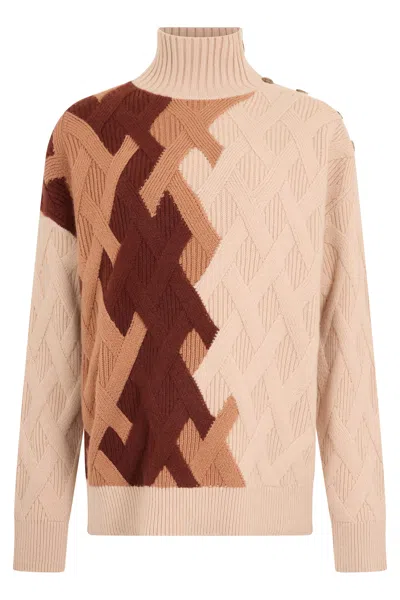 Malo Beige Sweater With Geometric Pattern, High Neck, And Long Sleeves. In Multi