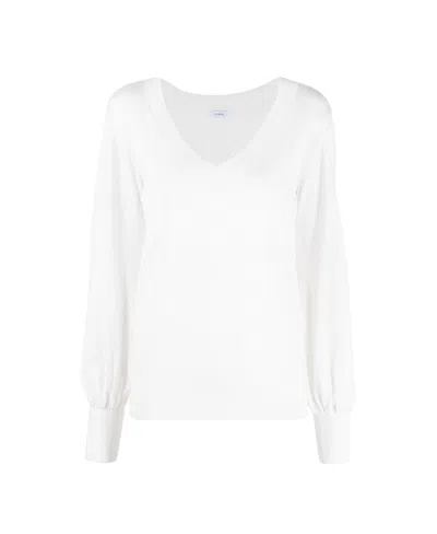 Malo Bishop-sleeve V-neck Knitted Top In White