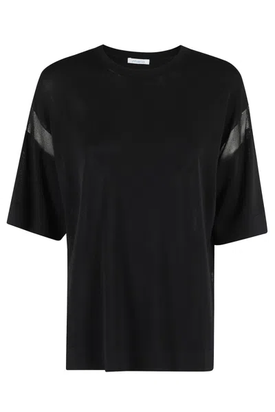 MALO BLACK VISCOSE T-SHIRT WITH SEMI-TRANSPARENT INSERTS