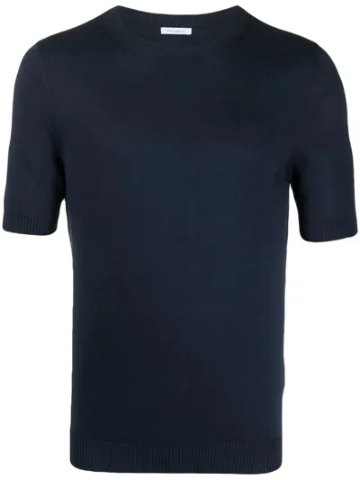Malo Short-sleeved Blue Cotton Knit Sweater