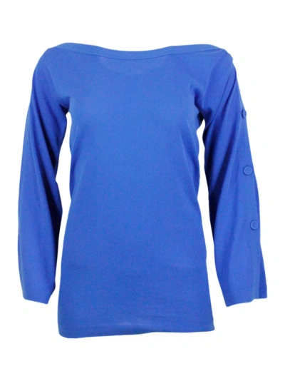Malo Boat Neck, Long-sleeved Shirt In Cotton Thread With Buttons Along The Arms And Wide Sleeves. In Blu Royal