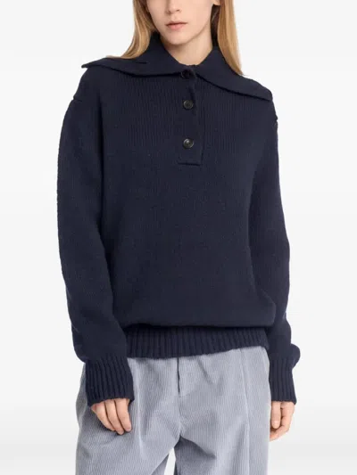 Malo Button-placket Spread-collar Sweater In Blue