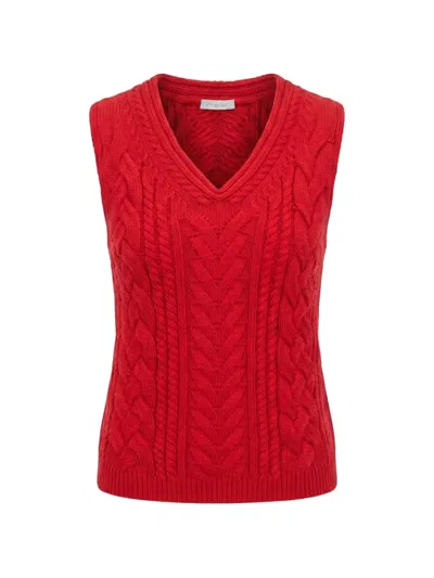 Malo Cable-knit V-neck Top In Red