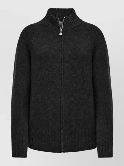 Malo Cashmere Ribbed Funnel Neck Zip-up Cardigan In Black