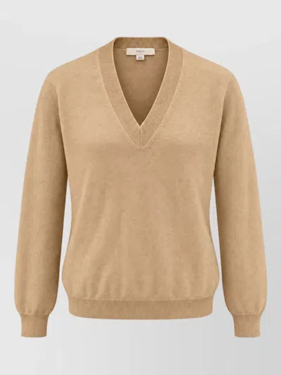 Malo Cashmere Ribbed V-neck Long-sleeve Sweater In Brown