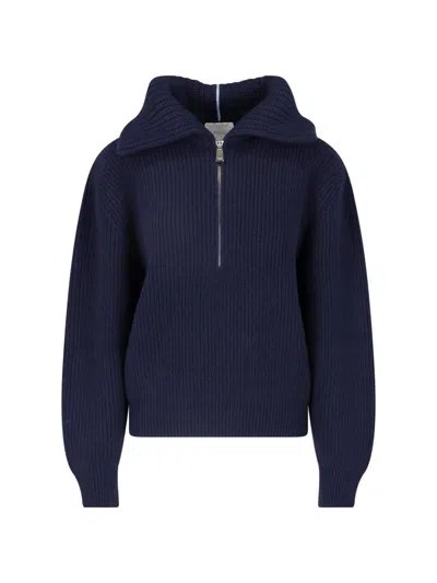 Malo Half-zip Sailor Collar Jumper In Pure Cashmere In Blue