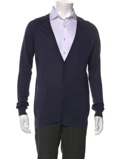 Pre-owned Malo Colorblock Pattern V-neck Cardigan In Blue