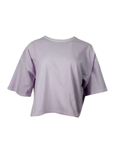 Malo Crew-neck, Short-sleeved T-shirt In 100% Soft Cotton, With An Oversized Fit And Vents On The Sides In Blu Wisteria