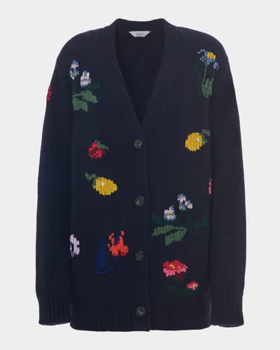 Malo Dalia Embroidered Cashmere V-neck Cardigan In Blue