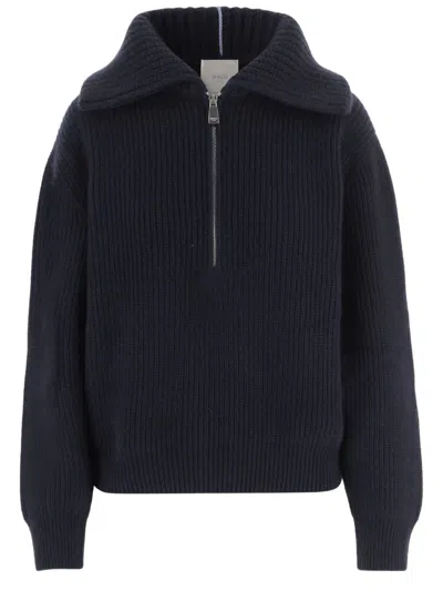Malo Dark Navy Ribbed Half-zip Cashmere Sweater In Blue