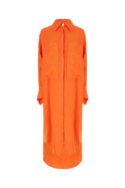 Malo Linen Shirt Dress In Orange