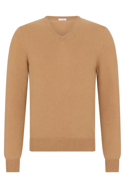 Malo Leather Colored Sweater With Sweet V-neck And Long Sleeves. In Brown