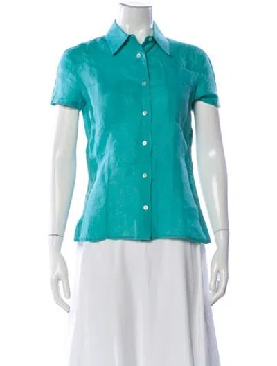 Pre-owned Malo Linen Short Sleeve Button-up Top In Blue