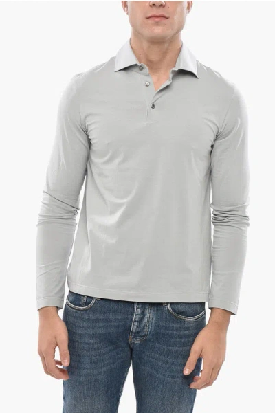 Malo Long Sleeve Lightweight Cotton 3 Buttons Polo In Silver