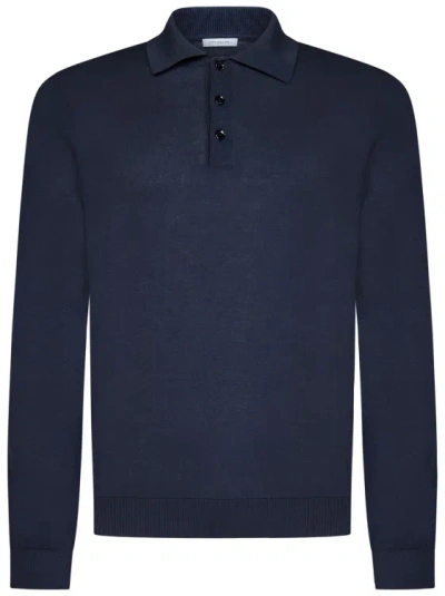 Malo Long-sleeved Knit Polo Shirt In Blue