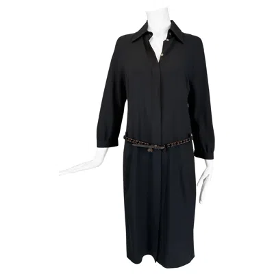 Pre-owned Malo Made In Italy Black Crepe Placket Front Dress & Braided Leather Belt