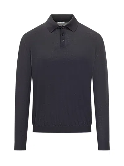 Malo Blue Lightweight Wool Polo Long Sleeve.