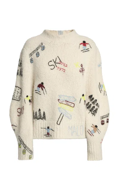 Malo Origins Embroidered Cashmere Crewneck Sweater In Off-white