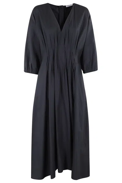 Malo Pleated Black Poplin Midi Dress