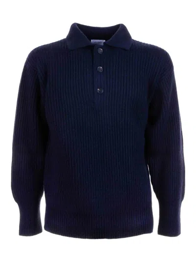 Malo Long Sleeve Ribbed Polo Sweater In Blue