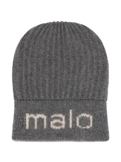Malo Ribbed Logo Beanie Hat In Gray