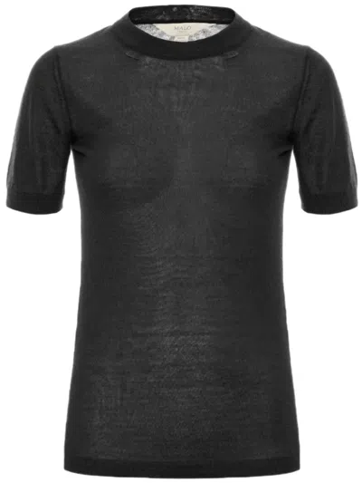 Malo Short-sleeved Cashmere Top With Classic Round Neckline In Black