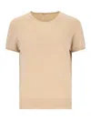 Malo Knit Crewneck With Ribbed Hem And Short Sleeves In Beige