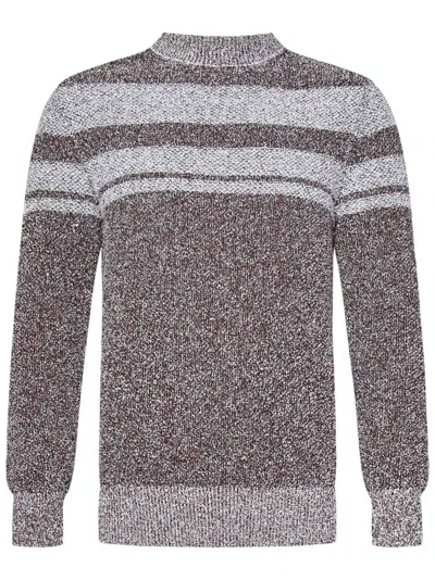 Malo Textured Brown Crewneck Sweater With Striped Pattern