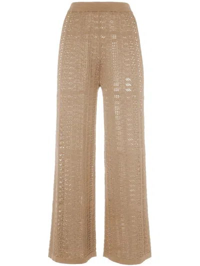 Malo High Waist Crochet Sheer Wide Leg Trousers In Brown