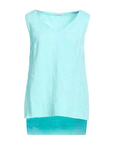 Malo Woman Top Turquoise Size 4 Linen In Blue